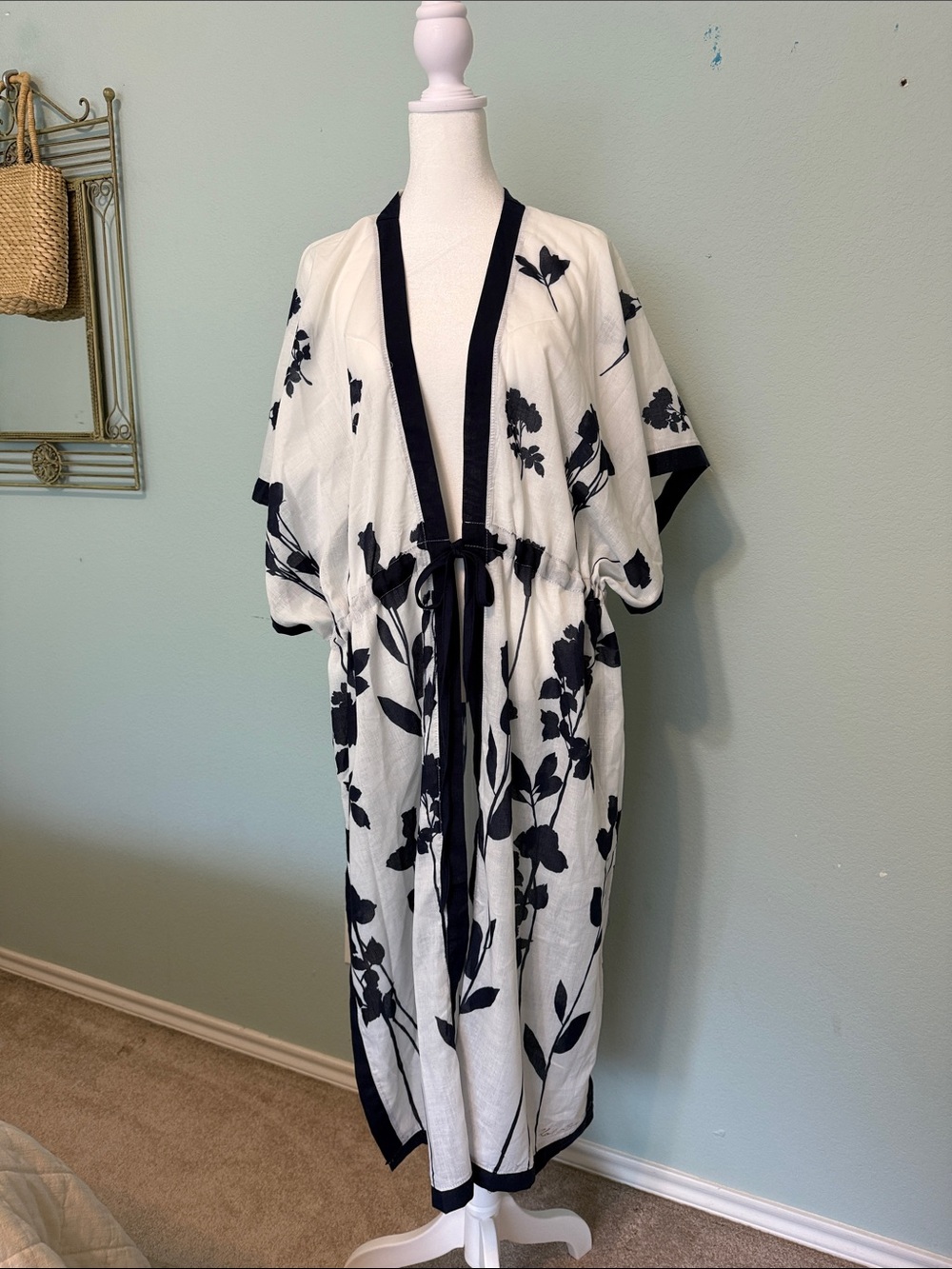 Karl Lagerfeld White and Navy Blue Floral Kimono Coverup with Tie Waist
